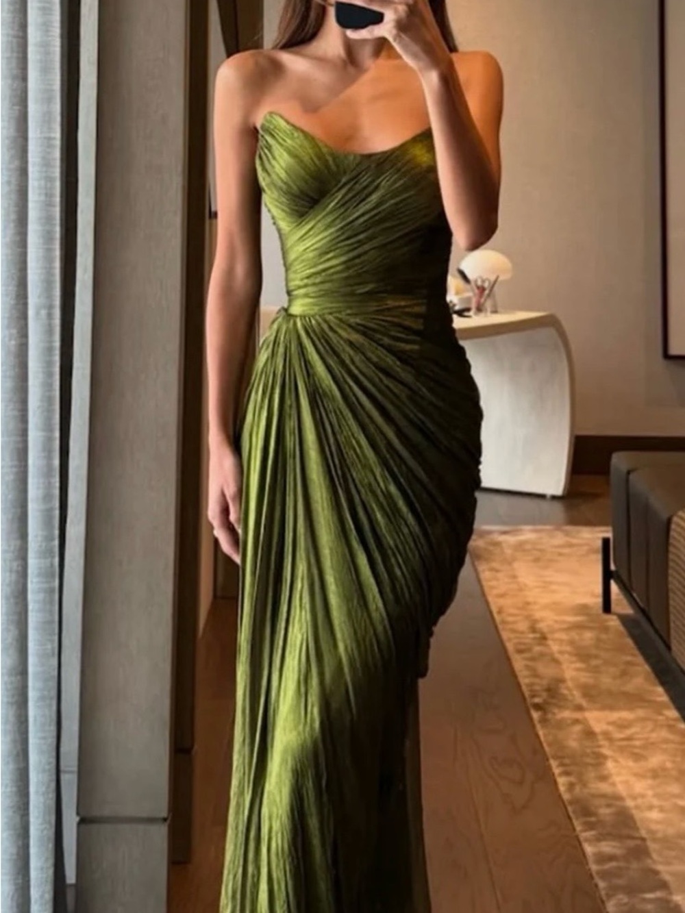 Strapless Olive Green Evening Gown